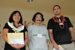 2012 Excellence in Teaching Award Winners: Noriko Fujimoto-Vergal (Island Pacific Academy - Japanese) on the left and Sheldon Ormsby (Mililani High School - Spanish) on the right. HALT President Satoru Shinagawa stands with them in the center.